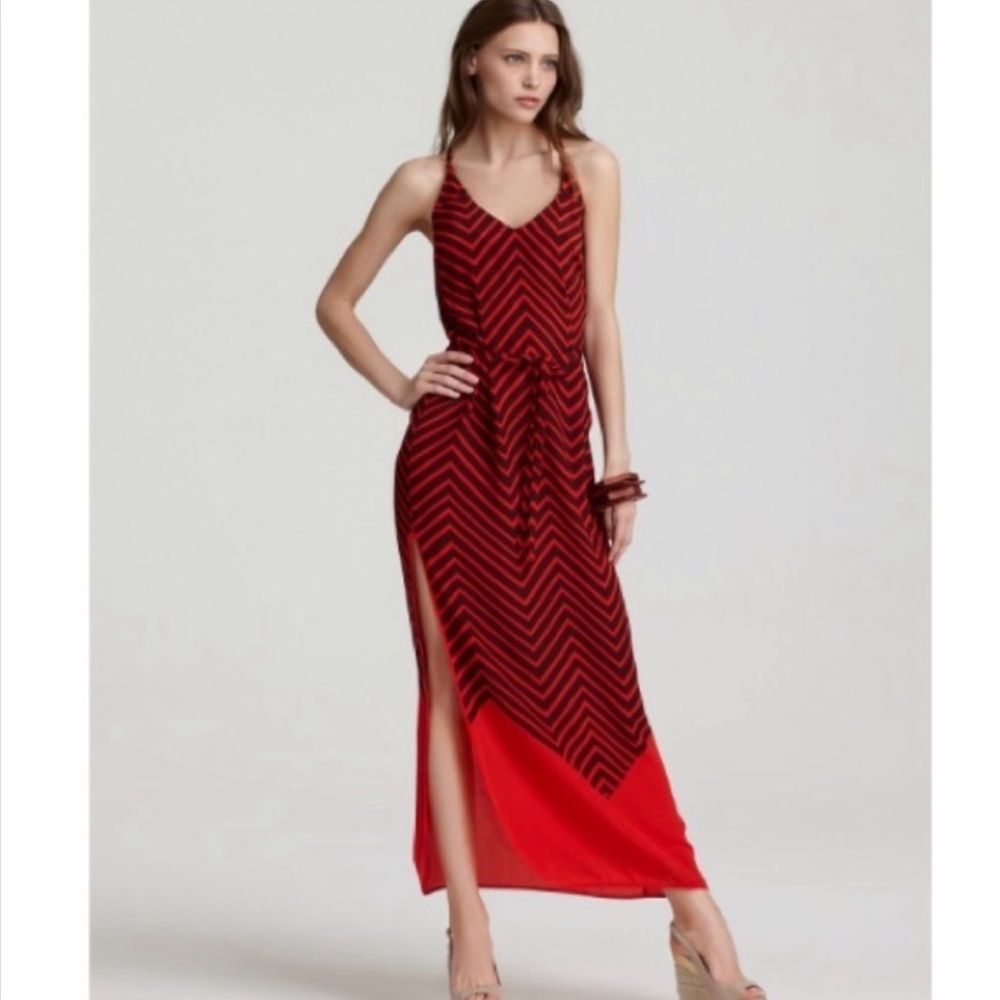 French Connection red & navy chevron print 100% silk maxi dress size 10
